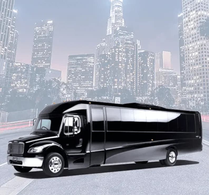 Black 38 Passenger Luxury Party Bus exterior shot Black 38 Passenger Luxury Party Bus exterior shot