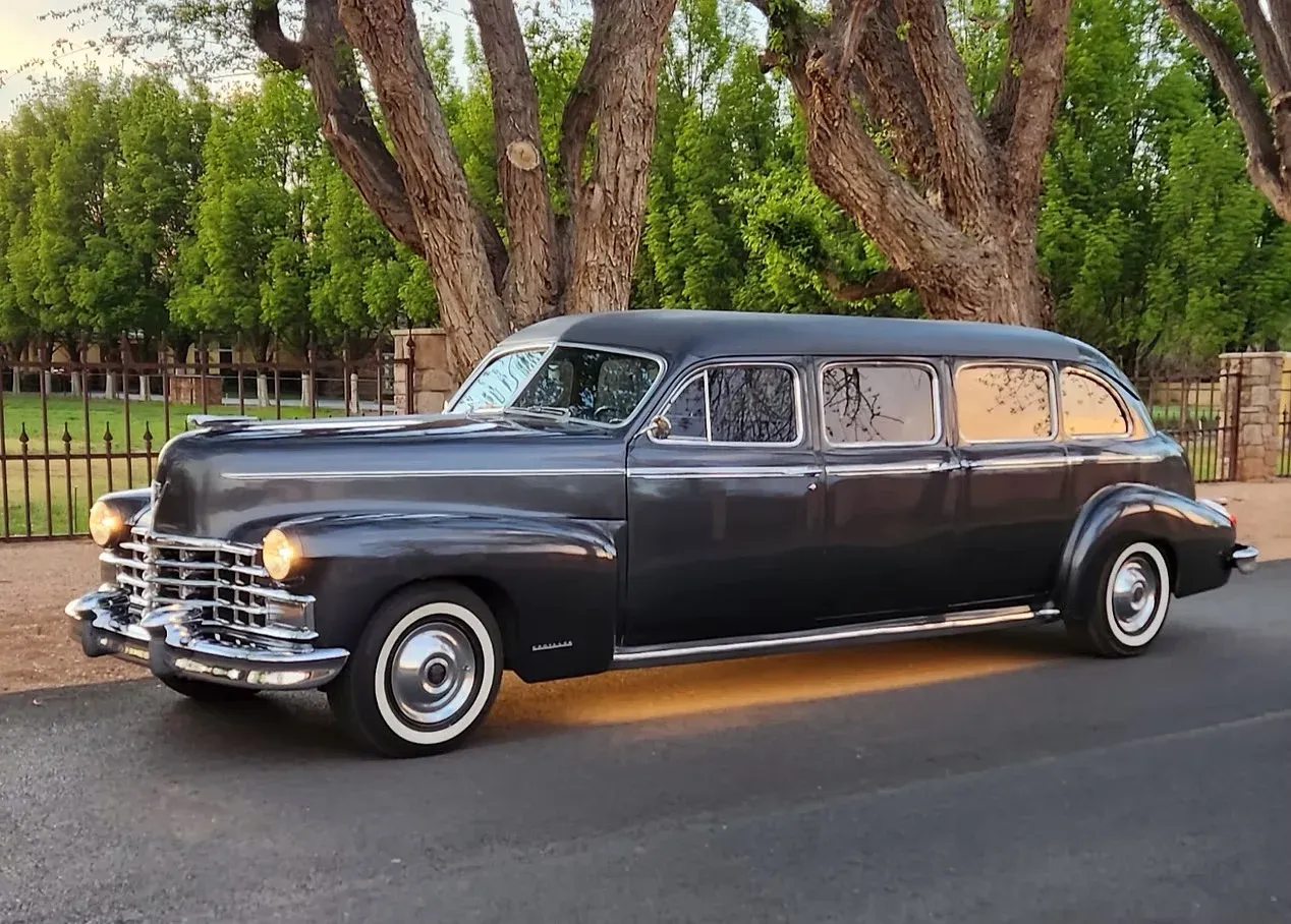 White 1946 Cadillac Airport Limousine exterior for limo rental