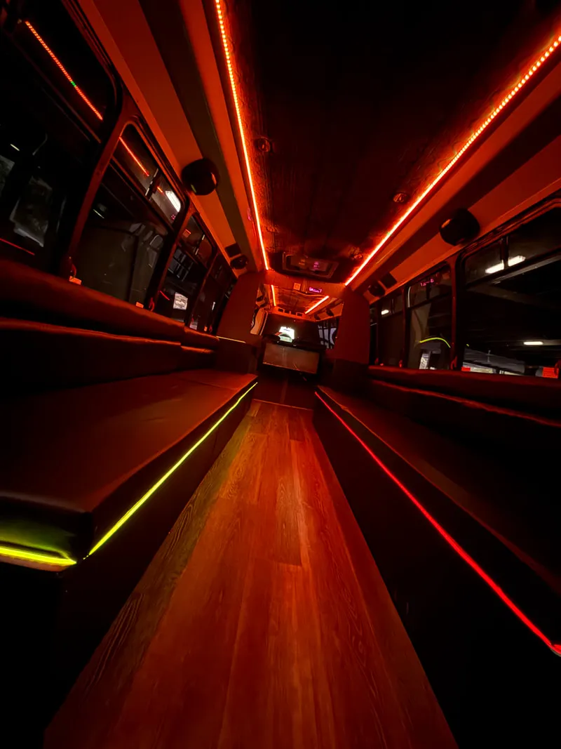 Ford E-450 Series Party Bus interior shot no. 5 — perimeter lounge seating, LED accent lighting and LED ceiling lighting