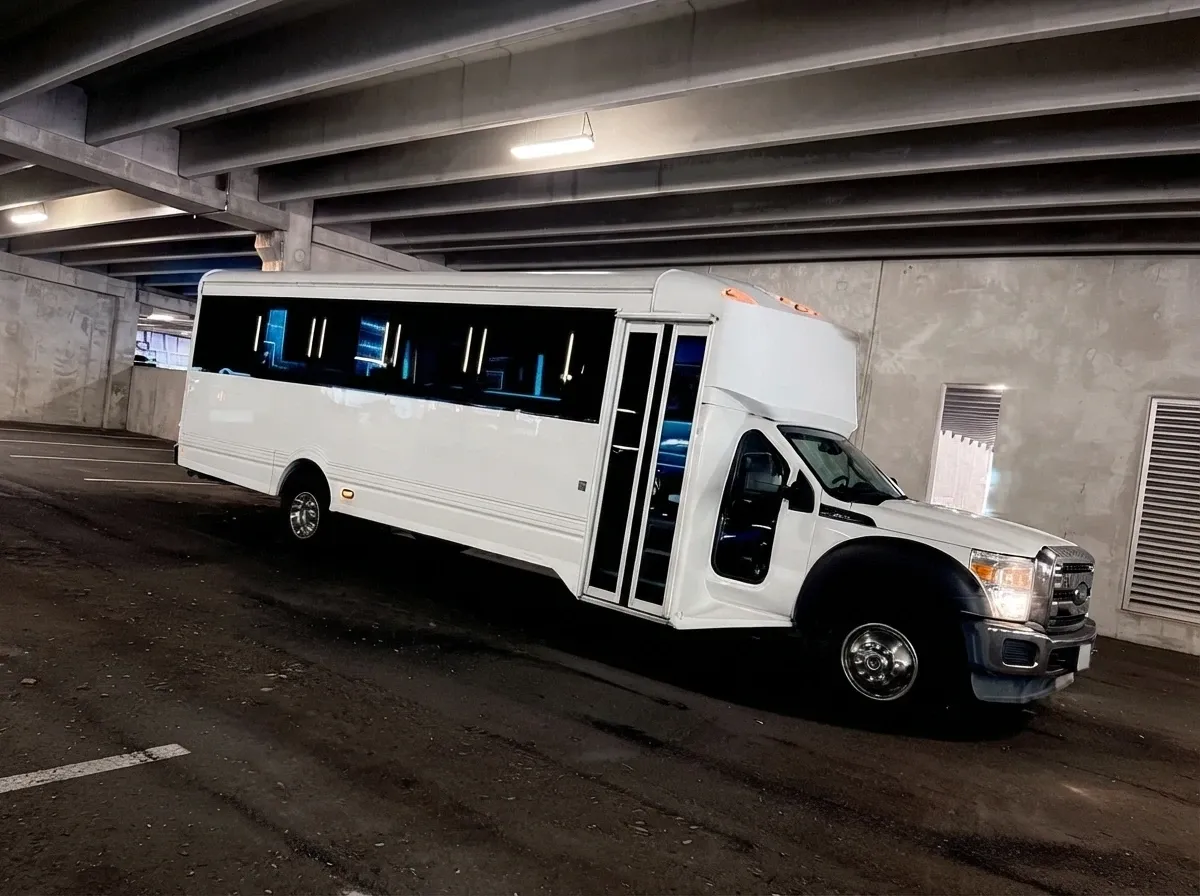 Ford F-550 Party Bus White Ford F-550 Party Bus offered for party bus rental
