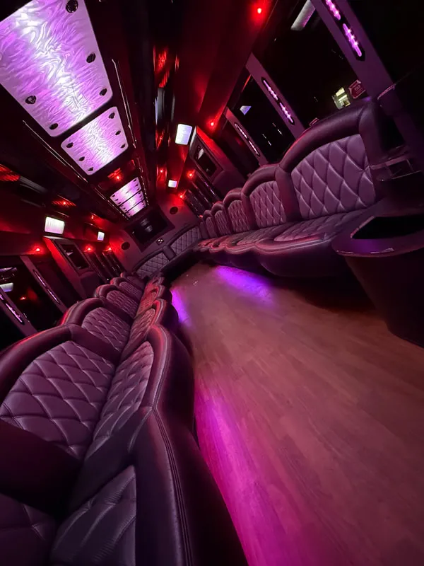 Freightliner Party Bus interior with perimeter lounge seating, LED ceiling lighting and wood-look flooring, photo 11 for party bus rental