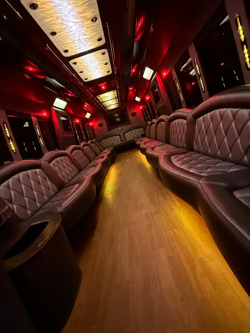 Freightliner Party Bus interior with perimeter lounge seating, LED ceiling lighting and wood-look flooring, photo 12 for party bus rental