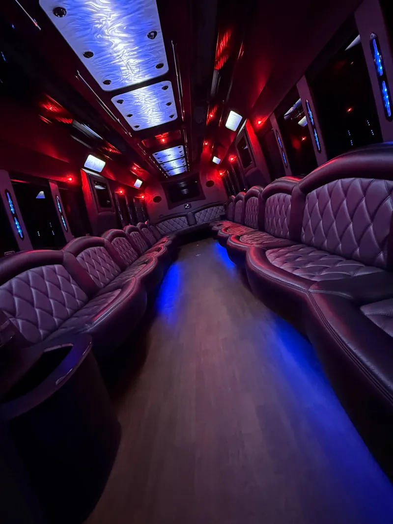 Freightliner Party Bus interior with perimeter lounge seating, LED ceiling lighting and wood-look flooring, photo 8 for party bus rental