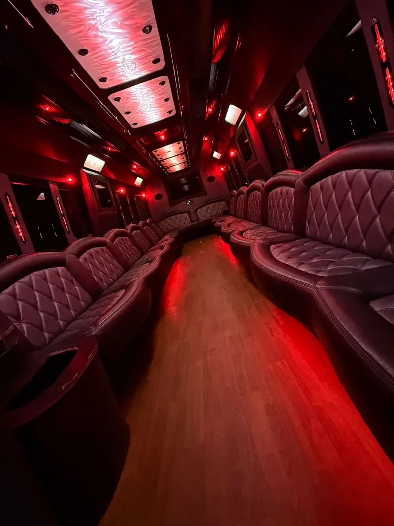 Freightliner Party Bus interior with perimeter lounge seating, LED ceiling lighting and wood-look flooring, photo 9 for party bus rental
