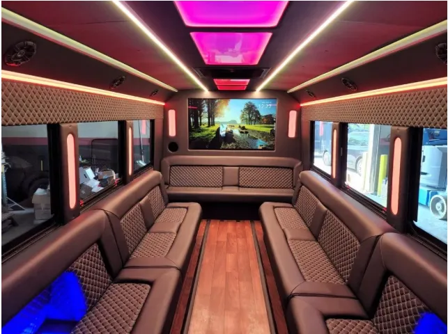 22 Passenger Limo Bus interior with perimeter lounge seating, LED accent lighting and LED ceiling lighting, photo 2 for party bus rental