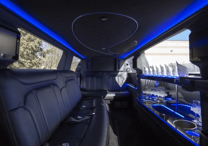 Lincoln MKT Limo interior with LED accent lighting, starlight or fiber-optic ceiling and bar area for limo rental in Ohio, IL Lincoln MKT Limo interior with LED accent lighting, starlight or fiber-optic ceiling and bar area for limo rental in Ohio, IL
