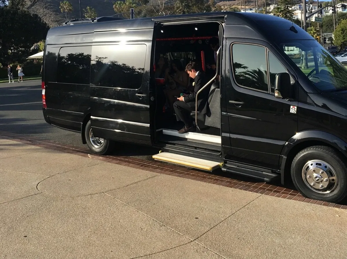 Black Mercedes-Benz Limousine Sprinter offered for party bus rental