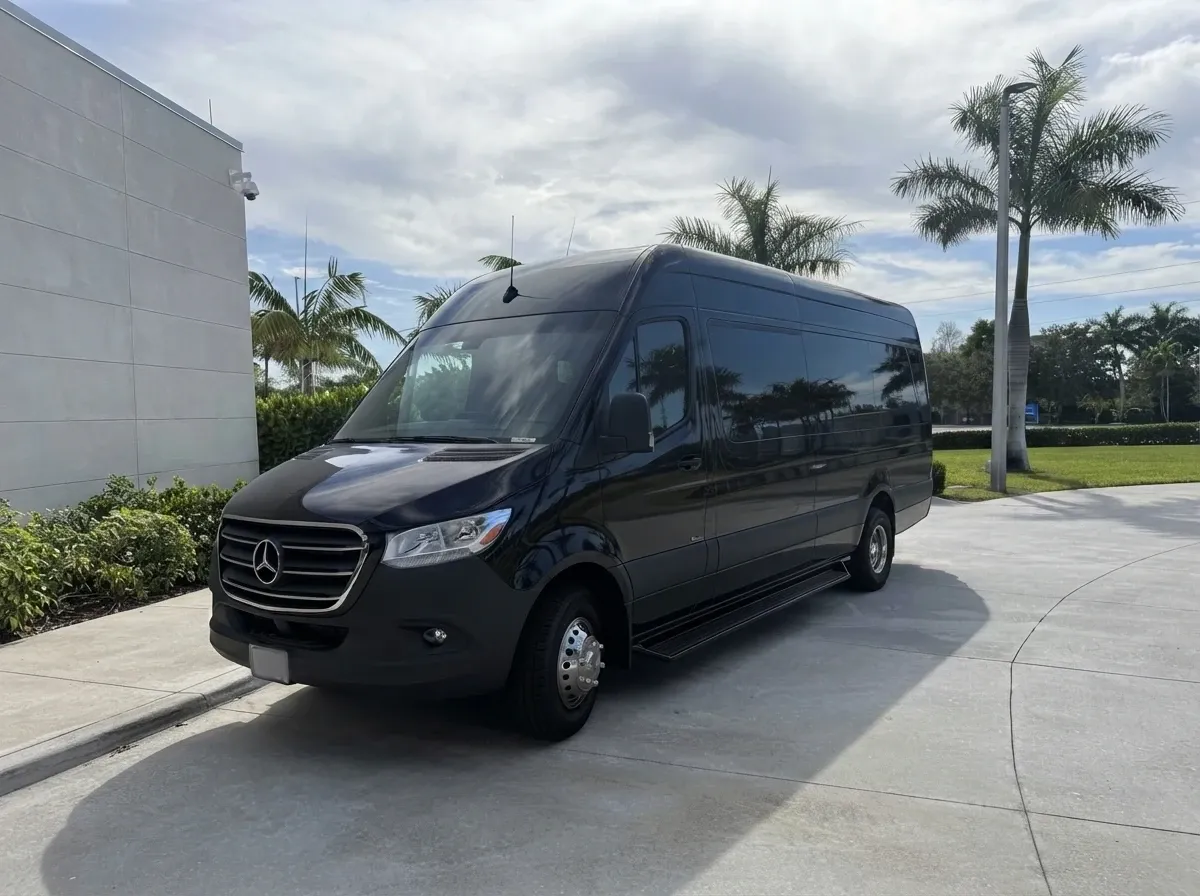 Mercedes-Benz Sprinter Limousine Black Mercedes-Benz Sprinter Limousine offered for party bus rental