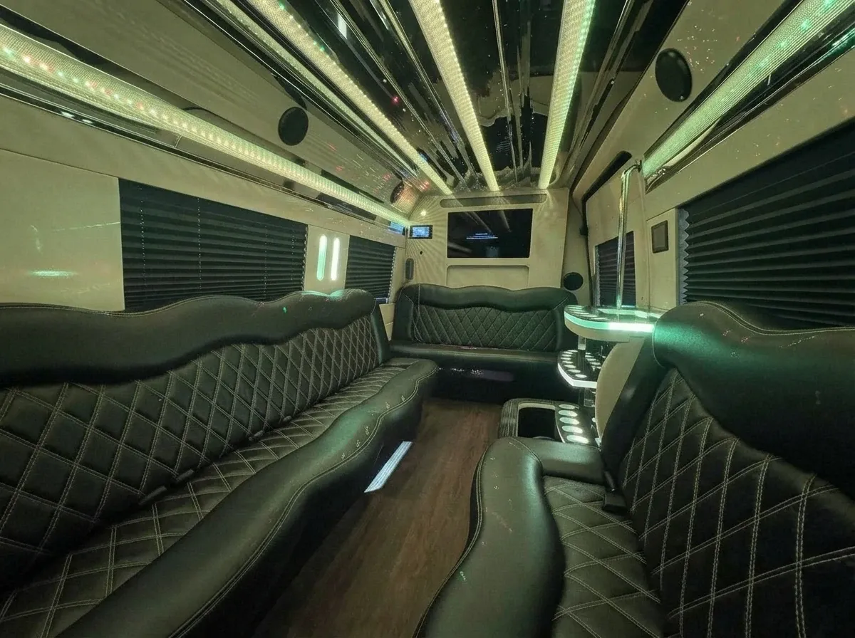 Mercedes-Benz Sprinter Limousine Black Mercedes-Benz Sprinter Limousine offered for party bus rental