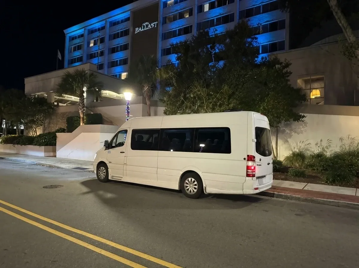 White Mercedes-Benz Sprinter Limousine offered for party bus rental