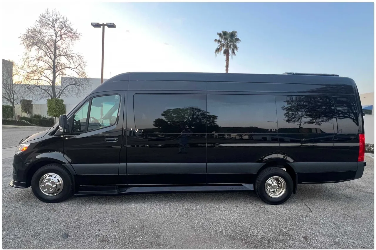 Mercedes-Benz Sprinter Limousine Black Mercedes-Benz Sprinter Limousine offered for party bus rental