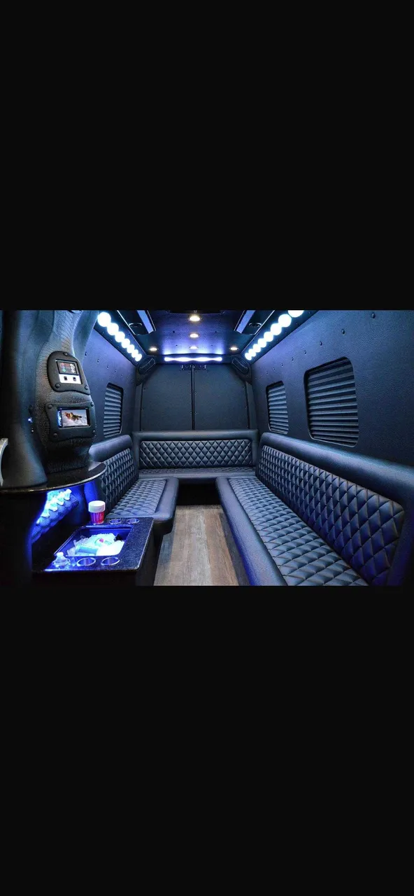 Mercedes Limo Coach interior for party bus rental Mercedes Limo Coach interior for party bus rental