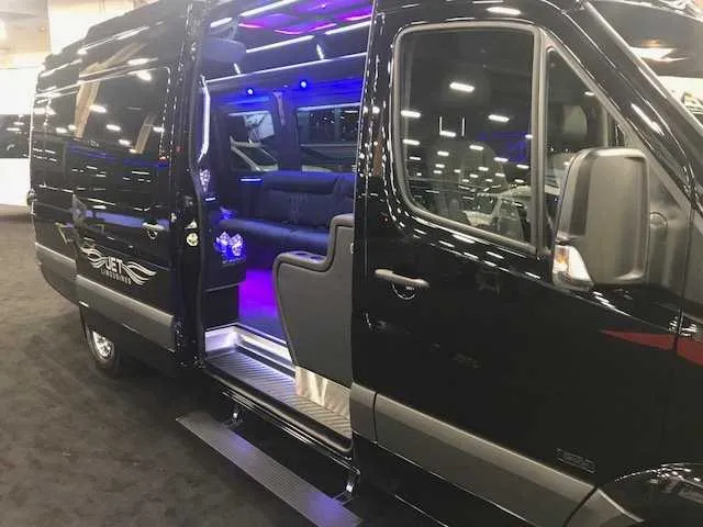 Black Mercedes Party Bus exterior for party bus rental in Alameda County, CA