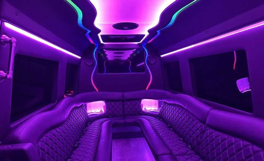 Mercedes Sprinter Limo interior for party bus rental in Elverta, CA