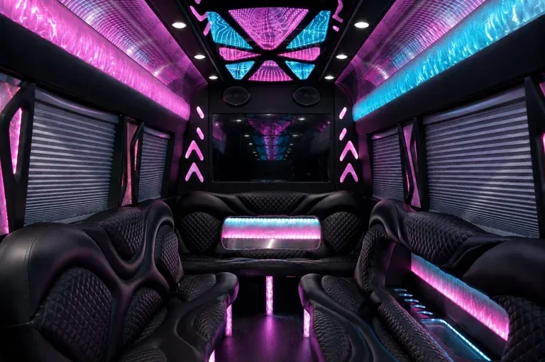 Mercedes Sprinter Limousine interior with perimeter lounge seating, window shades and LED accent lighting, photo 3 for party bus rental
