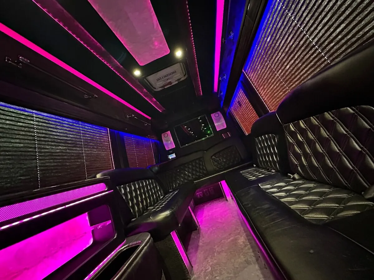 Mercedes Sprinter XL interior with perimeter lounge seating, window shades and LED accent lighting, photo 3 for party bus rental