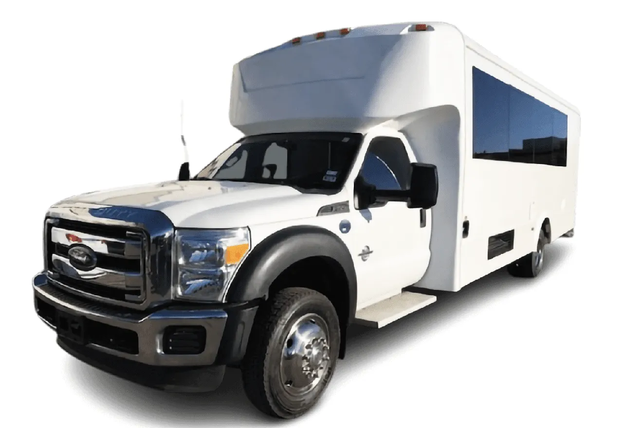 White 25 Passenger Party Bus exterior shot
