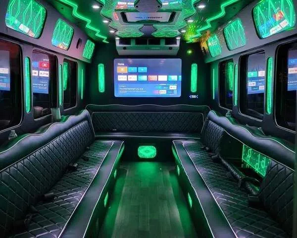 Party Bus F550 Party Bus F550 interior with perimeter lounge seating, LED accent lighting and LED ceiling lighting for party bus rental