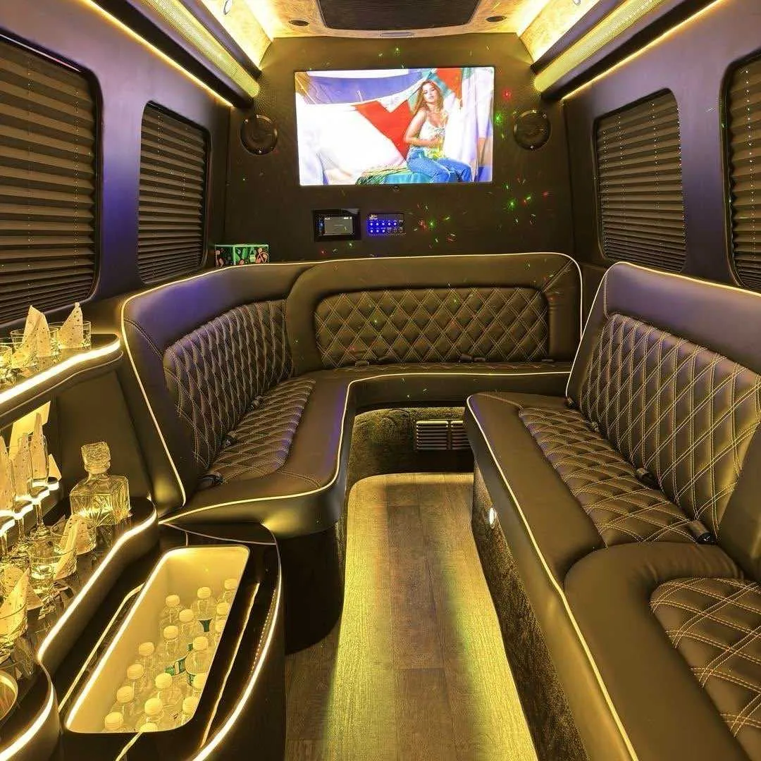 12 Passenger Party Limo Sprinter interior with sofa-style seating, window shades and LED accent lighting for party bus rental in Arnold, CA
