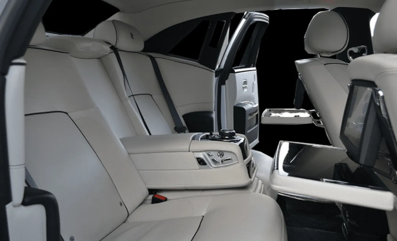Rolls-Royce Ghost interior shot — rear-seat entertainment screens
